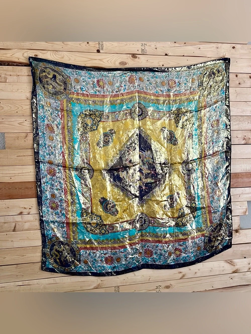 Vintage Large Square Chinese Dragon Flower Pattern Multicolored 100% Silk Scarf